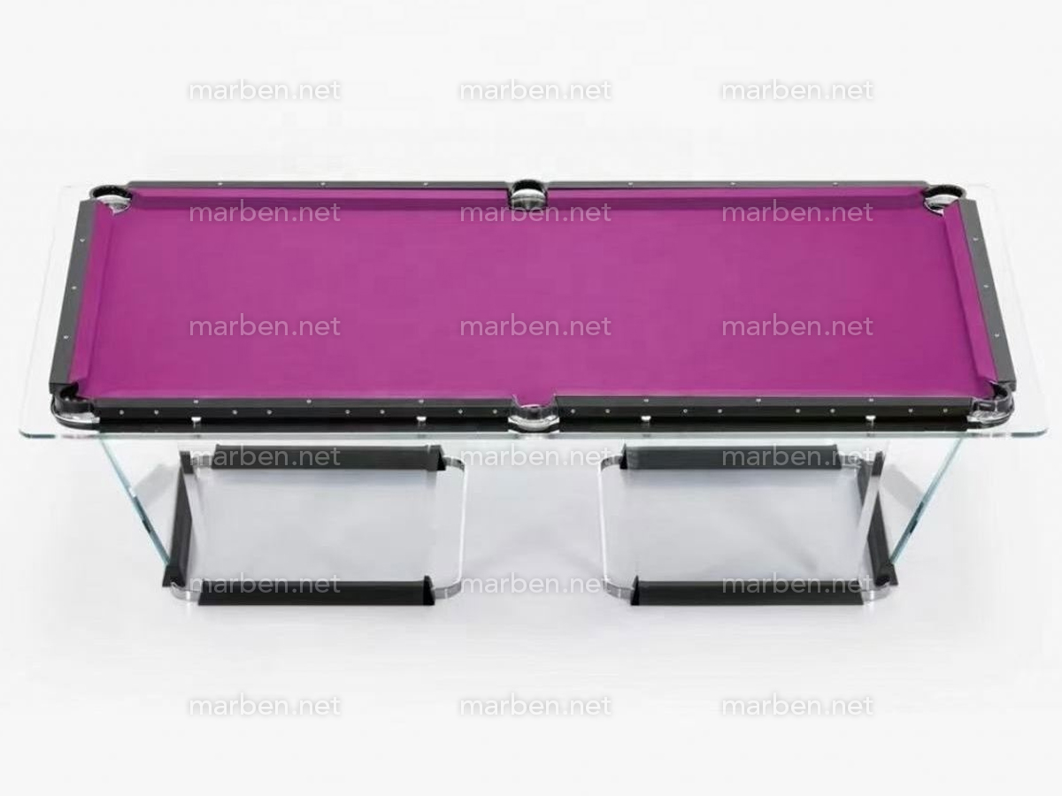 MESA DE BILLAR LUXURY GLASS2,  DE CRISTAL TEMPLADO ESTRUCTURA DE ACERO INOXIDABLE, 7FT ó 8FT